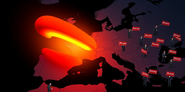 Una ilustración conceptual satírica. Un mapa de Europa donde España es un imán gigante y brillante que atrae pequeñas figuras humanas y botes. Alrededor del imán, 22 figuras representadas como burócratas europeos con caras de asombro y frustración, sosteniendo sellos rojos de 