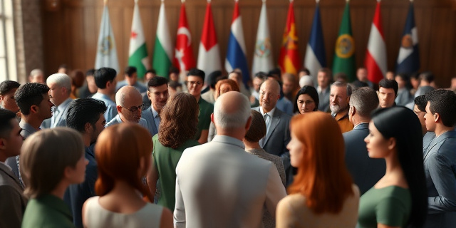 Un grupo de personas con diferentes razas y edades reunidas en una sala, con un fondo de banderas y símbolos políticos.