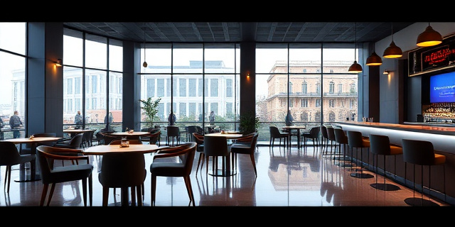 Un restaurante moderno y elegante situado en el corazón de la ciudad, con mesas y sillas de diseño, y una barra de bar con luces led. En el fondo, una gran ventana con vistas a la Audiencia Nacional.