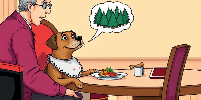 Una ilustración satírica y conceptual. Un perro sentado en una silla de comedor con un babero y un plato de comida humana gourmet, mientras el dueño lo mira con adoración exagerada. Al fondo, el perro tiene una burbuja de pensamiento que muestra un bosque y un hueso, representando el deseo de su naturaleza animal frente a la imposición humana. Estilo editorial de revista, colores vibrantes y trazo moderno.