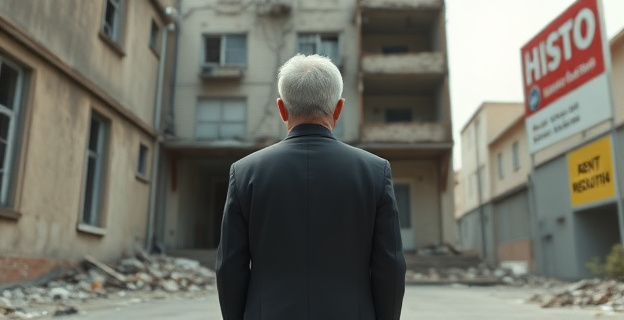 Una imagen conceptual que muestra un alcalde (sin rostro definido) visitando un edificio deteriorado, con un fondo que sugiere la quiebra de una empresa y gráficos que representan la regulación de alquileres. El estilo debe ser crítico y reflexivo.