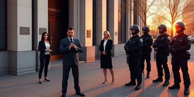 Un periodista con micrófono en mano, en la acera frente a una fachada de oficina gubernamental, mientras una mujer con traje observa con expresión tensa. A su lado, un grupo de guardias con cascos, una mano levantada y un teléfono móvil en la mano, con sombras de la ciudad de Madrid al atardecer.