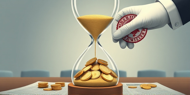 Una ilustración conceptual y satírica que muestra un reloj de arena gigante donde la arena es dinero y monedas. El reloj está siendo sostenido por una mano enguantada que intenta detener la caída de la arena con un sello oficial de oficina. Fondo de oficina gubernamental minimalista y fría, estilo editorial de periódico, colores sobrios con un toque de amarillo irónico.