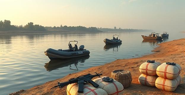 Imagen de un río con embarcaciones neumáticas y vehículos todoterreno en la orilla, con fardos de droga y armas en primer plano