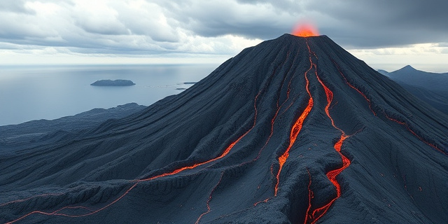 Un volcán escarpado con un fisura crónica, flujos de lava basaltica que se mezclan con acantilados de piedra caliza, y una costa distante bajo un cielo tormentoso. La escena transmite la quietud antes de la erupción, con detalles de la textura de la lava y la presión del aire.