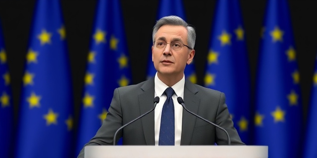 Un hombre con traje y corbata hablando en un podio con un fondo de banderas de la Unión Europea