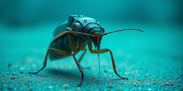 Una imagen conceptual y surrealista de una cucarachawearing un traje de buceo tecnológico hecho de resina transparente y micro-mangueras, caminando sobre el fondo marino arenoso. Estilo de fotografía macro cinematográfica, iluminación fría de profundidad oceánica, detalles de circuitos electrónicos integrados en el exoesqueleto del insecto, atmósfera de ciencia ficción.