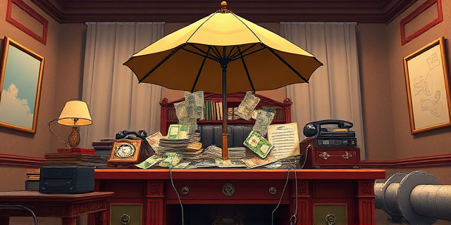 Una ilustración conceptual de estilo editorial satírico. Un escritorio de oficina gubernamental lujoso donde un gran paraguas de seda cubre una montaña de billetes y documentos oficiales, mientras que debajo del escritorio hay una red de cables y teléfonos antiguos conectando el edificio a una tubería industrial. Colores contrastados, atmósfera de secreto y opacidad, estilo caricatura política de alta gama.