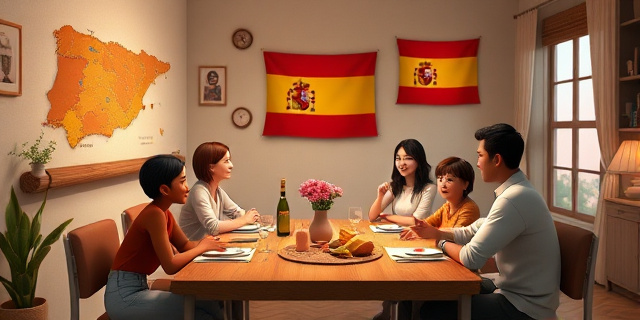 Una familia reunida alrededor de una mesa, con un mapa de España en la pared y una bandera española en la ventana, con un ambiente cálido y de celebración.