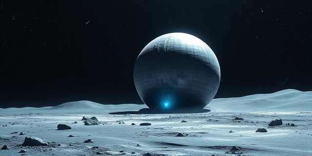 Una representación artística abstracta de una estructura metálica masiva en la superficie lunar, con líneas de energía fluyendo a través de ella, evocando tanto innovación tecnológica como una amenaza latente. Colores oscuros y metálicos, con un cielo estrellado intenso. Estilo futurista y distópico.