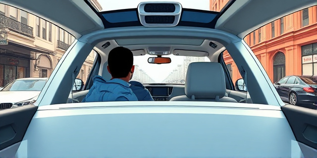 Una ilustración satírica de un coche autónomo blanco y moderno circulando por una calle de San Francisco. En el asiento trasero, se ve la silueta de un hombre sosteniendo bolsas de ropa deportiva, mientras que el asiento del conductor está vacío. El estilo debe ser editorial, con colores vibrantes y un toque de ironía visual, resaltando las cámaras del techo del coche como ojos que no ven.