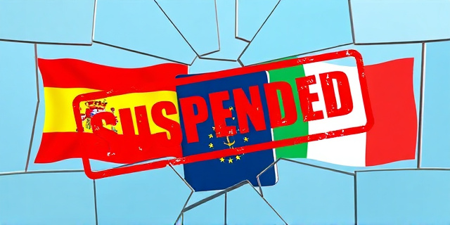 Una ilustración conceptual y satírica que represente una frontera europea. Un muro de cristal roto que divide dos banderas estilizadas (España e Italia). En el centro, un sello rojo gigante que dice 