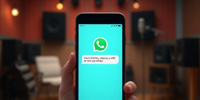 Una imagen de un teléfono móvil con un mensaje de WhatsApp en la pantalla, con un fondo de un estudio de grabación de música