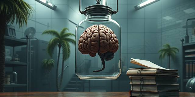 Una ilustración surrealista y cínica. Un cerebro humano flotando en un frasco de cristal antiguo, conectado por cables a un diccionario gigante y desgastado. Al fondo, una selva amazónica fundiéndose con un laboratorio británico gris de los años 70. Estilo de arte conceptual oscuro, con colores saturados y una atmósfera de ciencia ficción retro-distópica.