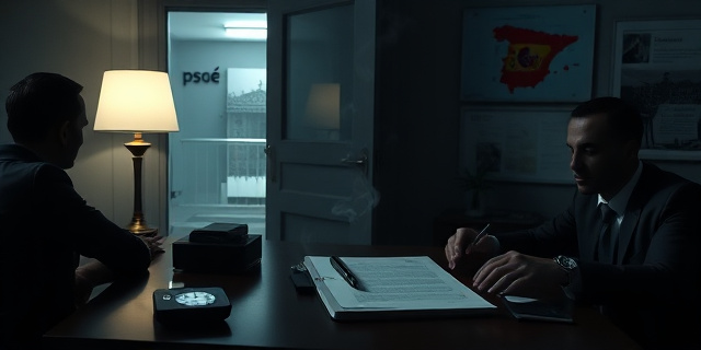 
  Una mesa de negociación oscura en un despacho de Serrano 32, Madrid, iluminada por una lámpara de escritorio que proyecta sombras alargadas sobre un contrato firmado a medias. Sobre la mesa: un sobre con dinero en efectivo (90.000 euros), un teléfono móvil con mensajes cifrados, y un reloj de pulsera marcando las 3:17 AM. Al fondo, una puerta entreabierta que deja ver el logo del PSOE y el reflejo de un juzgado en un cristal empañado. La atmósfera es tensa, con el humo de un cigarrillo flotando entre dos figuras: una con traje caro (abogado) y otra con ropa arrugada (confidente). En la pared, un mapa de España con alfileres rojos clavados en Madrid, Valencia y Panamá. Estilo: ‘film noir’ con toques de ‘documental de investigación’ (luces frías, colores desaturados, texturas de papel envejecido).
