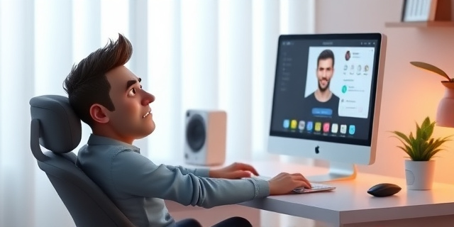 Un hombre sentado frente a una computadora, con una expresión de tristeza y desesperación en su rostro, mientras una pantalla de aplicación de citas muestra un perfil falso en el fondo.