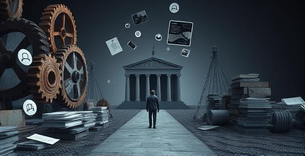 Una representación conceptual de la corrupción dentro de una estructura corporativa, simbolizada por engranajes oxidados y documentos desordenados. Un camino hacia un edificio de justicia con una balanza equilibrada, pero con sombras y obstáculos que dificultan el acceso. Elementos que sugieren comunicación electrónica y grabaciones, como iconos de mensajes y ondas de sonido, flotando alrededor de una figura abstracta que representa la denuncia. El entorno es sombrío pero con destellos de luz que sugieren búsqueda de la verdad.