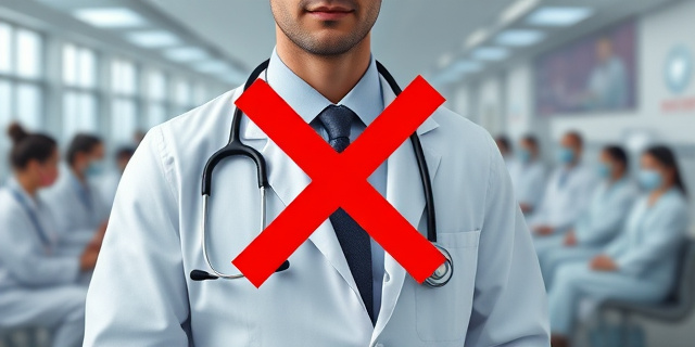 Un médico con bata blanca y estetoscopio, con un fondo de hospitales y edificios gubernamentales, rodeado de pacientes y personal sanitario, con una gran 