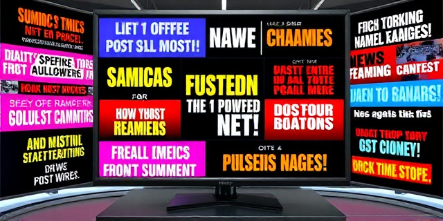 Una pantalla de televisión con rótulos sobreimpresos, colores contrastantes, sombras de personas en el fondo, sin rostros, estilo moderno, enfoque saturado