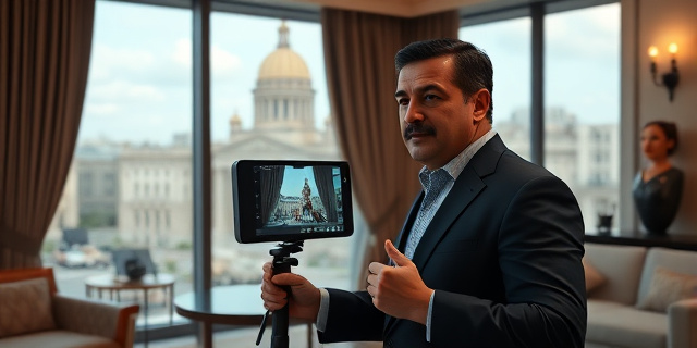 Un político español se graba un vídeo en un hotel de lujo en La Habana, con el Capitolio de La Habana al fondo, mientras defiende el régimen comunista de Cuba.