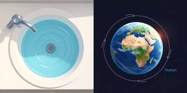Una ilustración dividida en dos mitades: a la izquierda un lavabo con agua girando en espiral, a la derecha un globo terráqueo visto desde el espacio con líneas de rotación que indican la dirección de la Tierra. No se incluyen rostros humanos ni textos.