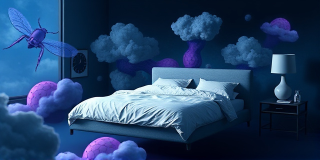 Una ilustración surrealista de estilo editorial. Un dormitorio moderno donde la cama flota en un espacio onírico oscuro y nebuloso. Sobre las sábanas blancas, se ven siluetas estilizadas y abstractas de insectos gigantes que se transforman en nubes de tormenta y relojes derretidos, representando la ansiedad y el subconsciente. Colores contrastados: azul profundo, violeta y blanco brillante.