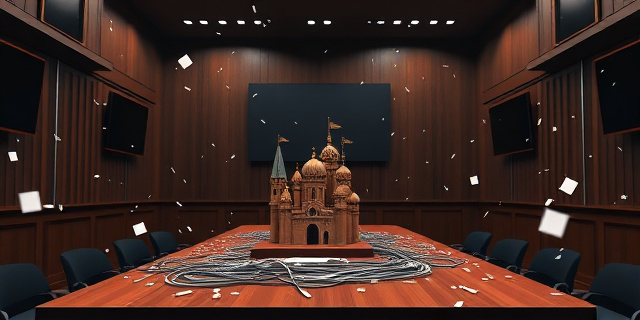 Un tribunal vacío, con pantallas apagadas y cables apretados, sobre una mesa de madera. A su alrededor, una nube de datos dispersos flotan como confeti digital, y una luz tenue resalta el símbolo de un castillo de naipes caído.
