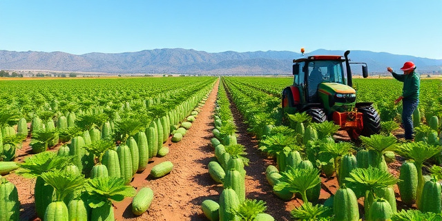 Un campo de pepinos en Almería, con montañas y un cielo azul en el fondo. Un tractor pasa por el campo, mientras los trabajadores recogen los pepinos.