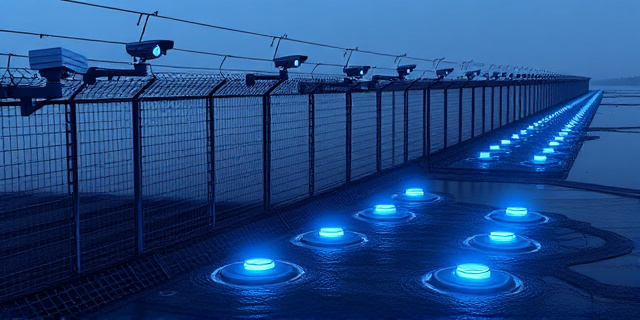 Una ilustración conceptual y satírica de una frontera hipertecnológica. Se ve una valla de acero imponente y moderna con cámaras de vigilancia futuristas y sensores brillantes. En el suelo, sensores subterráneos emitidos por luces neon azules. Al fondo, un río con boyas industriales masivas. Estilo artístico de editorial periodístico, colores contrastados, atmósfera de vigilancia fría y eficiente, sin personas reales.