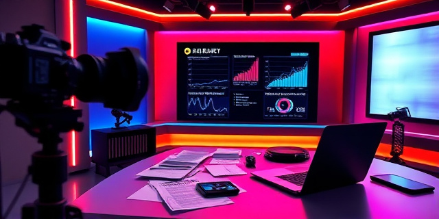 Una sala de estudio de televisión con luces de neón, una mesa de cubiertos y una computadora portátil abierta. A la izquierda, una cámara de alta definición apunta a un escritorio con papeles desordenados y un teléfono móvil con notificaciones. Al fondo, una pantalla grande muestra datos sensibles y gráficos de redes sociales, con un ambiente que sugiere una conversación tensa entre un fotógrafo y un agente policial.