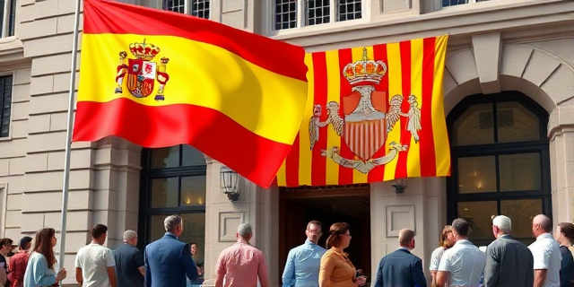 Una bandera de España y una bandera de Cataluña ondeando en el exterior de un edificio, con un grupo de personas discutiendo en primer plano