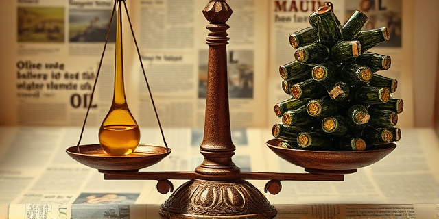 Una ilustración conceptual y satírica que muestra una balanza antigua y oxidada. En un plato, una pequeña gota de aceite de oliva dorado; en el otro, una montaña masiva de botellas de aceite que inclina la balanza violentamente hacia abajo. Fondo con colores terrosos y texturas de papel periódico viejo, estilo editorial moderno, sin rostros humanos.
