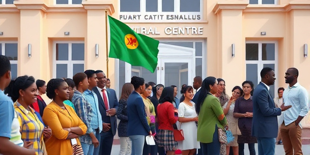 Una imagen de una cola de personas frente a una casa de la cultura, con una bandera de Senegal ondeando en la entrada. Las personas están sonrientes y expectantes, mientras que los funcionarios de la embajada trabajan diligentemente para atender a cada uno de ellos.