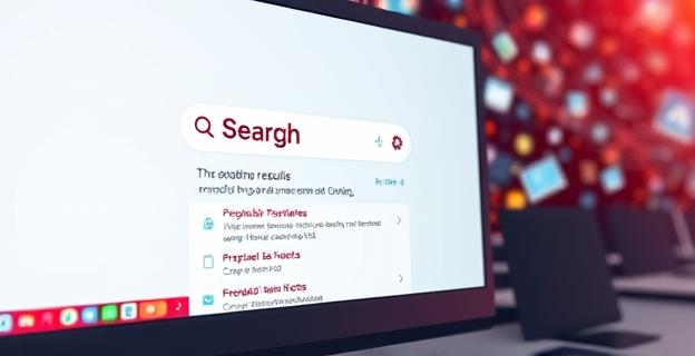 Una pantalla de ordenador mostrando una barra de búsqueda con resultados apareciendo rápidamente, con iconos de algoritmos y datos fluyendo en el fondo