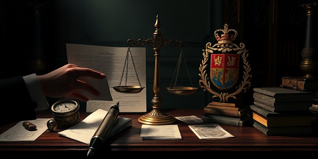 Una mesa de escritorio antigua, iluminada por una luz tenue, cubierta de papeles y sellos oficiales. Una mano sombra extiende un documento hacia una balanza desequilibrada, con una pluma estilográfica en un lado y un escudo heráldico en el otro. Estilo barroco, colores oscuros y contrastados, simbolizando la corrupción y el abuso de poder.