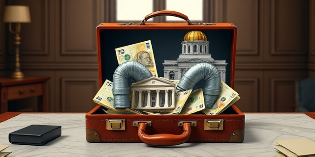 Una ilustración conceptual y satírica. Un maletín de cuero antiguo abierto sobre una mesa de mármol, donde los billetes de euro se transforman en tuberías industriales de acero que succionan el dinero de un edificio gubernamental clásico. Estilo de caricatura editorial moderna, colores contrastados, atmósfera de oficina de lujo con sombras dramáticas.