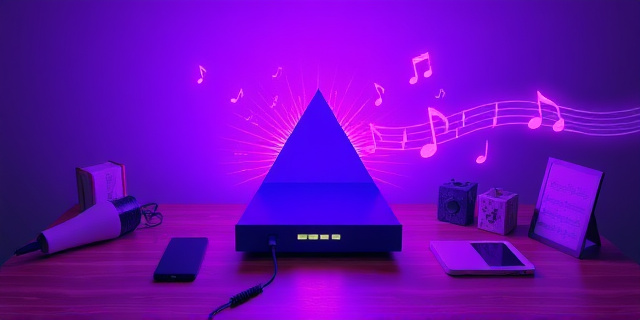 Una ilustración conceptual de un dispositivo triangular minimalista y moderno sobre una mesa de madera, rodeado de objetos cotidianos como un secador de pelo y un teléfono móvil. De los objetos emanan ondas electromagnéticas visibles en colores neón vibrantes que fluyen y se transforman en notas musicales y partituras abstractas al entrar en la caja. Estilo artístico digital, limpio, con un contraste entre la cotidianidad gris y la energía eléctrica colorida.