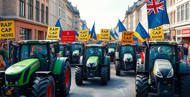 Imagen de tractores y agricultores manifestándose en las calles de Bruselas con pancartas contra la UE y la PAC