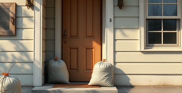 Una escena de una casa con la cerradura cambiada y bolsas de basura con ropa en la puerta, con un ambiente de desolación y abandono