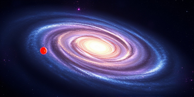 Una ilustración conceptual de una galaxia espiral que se transforma gradualmente de un pequeño punto rojo brillante y denso en un extremo a una galaxia majestuosa con brazos brillantes en el otro, estilo arte digital cinematográfico, fondo de espacio profundo con nebulosas púrpuras y azules, atmósfera de misterio cósmico.