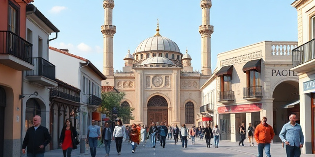 Una mezquita en un barrio multicultural de una ciudad española, con personas de diferentes edades y orígenes caminando por la calle.