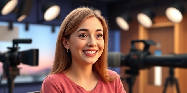 Una mujer sonriente en un estudio de televisión, con un micrófono delante, rodeada de luces y cámaras, mientras habla con alguien fuera de cuadro