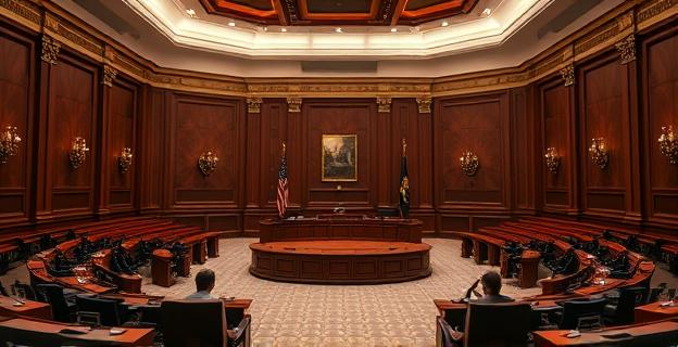 Una sala del Congreso de los Diputados vacía con una mesa de comisión y sillas para los diputados, con un ambiente de tensión y debate político