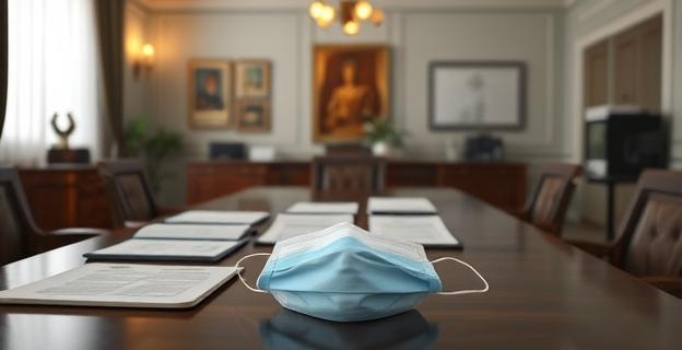 Oficina del Ministerio del Interior con documentos y contratos sobre una mesa, con una mascarilla sanitaria en primer plano y un ambiente de seriedad y oficialidad