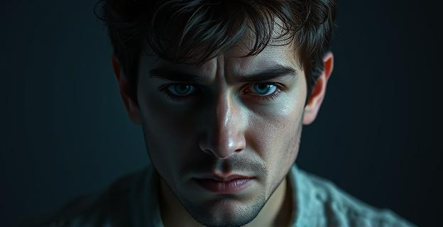 Representación visual de una persona dividida entre su vida normal y su doble vida de engaño, con elementos que sugieren tensión y culpa, como sombras y expresiones faciales de ansiedad. No incluir personas reconocibles.