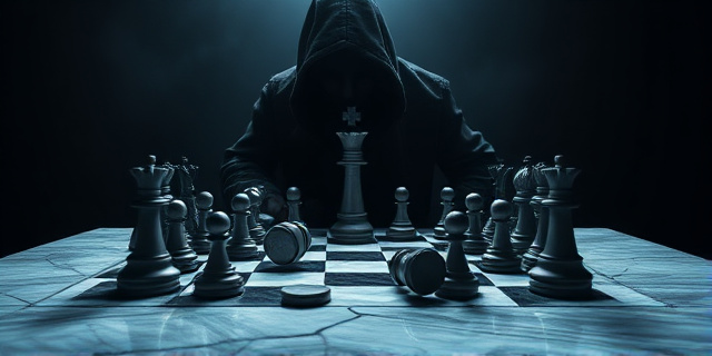 Un tablero de ajedrez con piezas rotas y una sombra oscura que se cierne sobre él. El tablero está sobre una mesa de mármol agrietada, y la iluminación es dramática y contrastada, con luces y sombras intensas. El estilo debe ser realista y sombrío, evocando una sensación de tensión y conflicto.