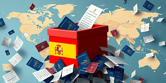 Una ilustración conceptual y satírica que muestra una urna electoral española siendo inundada por una marea de pasaportes y documentos oficiales que llegan a través de un mapa mundi, con énfasis en el flujo desde América Latina hacia España. Estilo editorial de periódico, colores contrastados, atmósfera de caos burocrático.