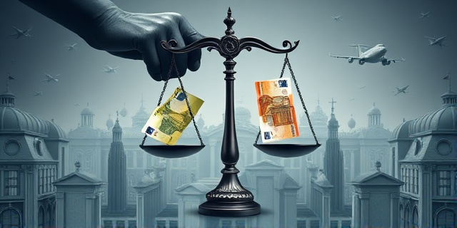Una representación artística abstracta de una balanza de la justicia desequilibrada, con billetes de euro cayendo por un lado y sombras oscuras manipulando los brazos de la balanza. El fondo debe ser un laberinto de edificios gubernamentales y aviones estilizados, todo en tonos fríos como el gris y el azul oscuro, con toques de rojo para resaltar la corrupción.