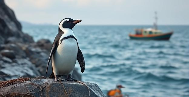Imagen de un pingüino africano en una costa rocosa con un barco de pesca al fondo en el horizonte, con redes de pesca en primer plano. El mar está ligeramente agitado.