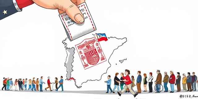 Una ilustración satírica estilo caricatura editorial. Un sello oficial de pasaporte gigante que cae sobre un mapa de España, mientras una mano con un anillo político coloca una bandera republicana pequeña sobre el sello. Al fondo, una fila infinita de personas de diversas generaciones esperando con papeles en la mano, bajo un cielo de color bureaucratic grey.